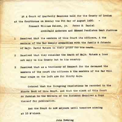 Louisa County Court resolution that the Court, its officers, and members of the bar to honor Major David Watson, deceased.