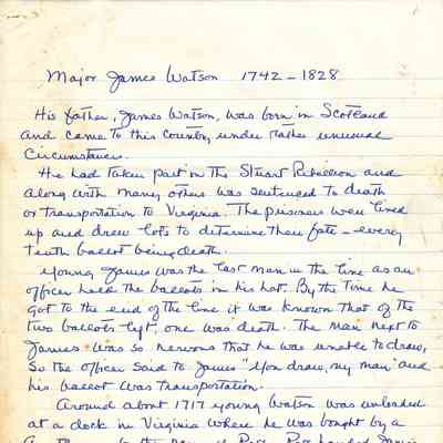 Handwritten biography of Major James Watson 1742-1828