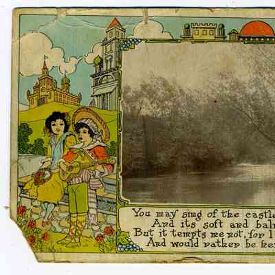 Photograph of a river surrounded by tress, embedded in a postcard