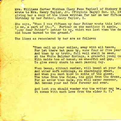 Poem written by Henry Taylor, I to his 15 year old daughter
