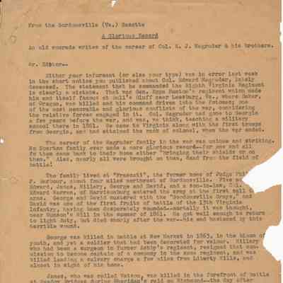 Gordonsville (Va.) Gazette Letter to the Editor regarding career of Col. E.J. Magruder by W.W. Scott