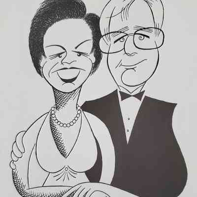 Front of Christmas card from Gwen and Peter Norton: Norton couple is depicted in a caricature, smiling and dressed in formal attire with loving expressions.