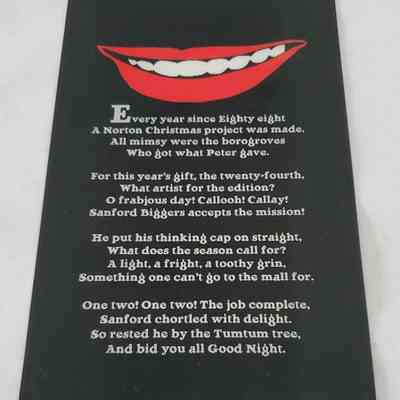Insert included in the envelope containing a Christmas card and other material from the Nortons. This is the front, which changes between red and white text when moved.