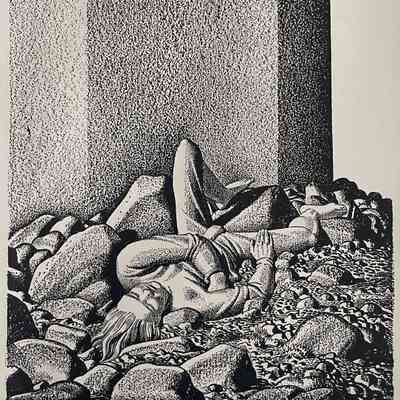 FALLEN FIGURE ON ROCKS (Illustration for King John from The Complete Works of William Shakespeare.)