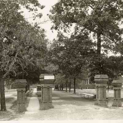 Old Main, North elevation. Everett Street columns in foreground.
