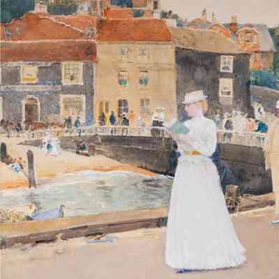 Childe Hassam, Bleak House, Broadstairs: A woman in white reads by the water, with buildings and people in the background.