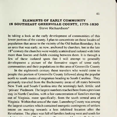 Elements of Early Community in Southeast Greenville County, 1775 - 1830