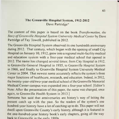 The Greenville Hospital System, 1912 - 2012