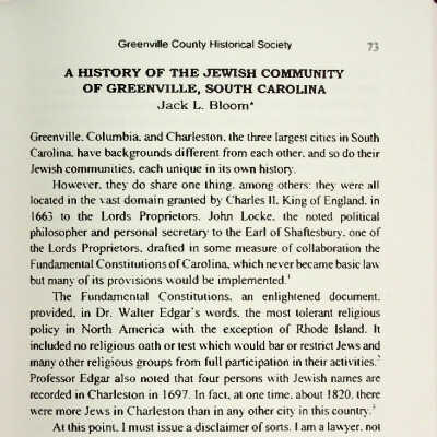 A History of the Jewish Community of Greenville, South Carolina