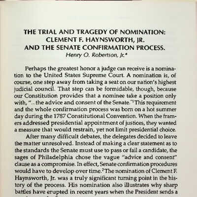 The Trial and Tragedy of Nomination: Clement F. Haynsworth, Jr. and the Senate Confirmation Process