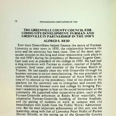 Greenville County Council for Community Development: Furman and Greenville in Partnership in the 1930s