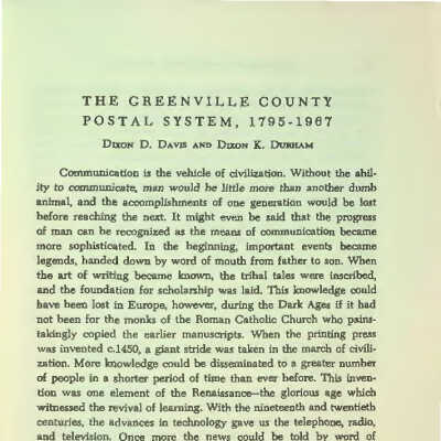 The Greenville County Postal System, 1795-1967