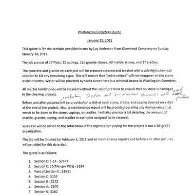 2011 Washington Cemetery Monument Restoration Quote from Glenwood Cemetery Drafts