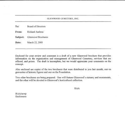 Email from Richard A. Ambrus to the Board of Directors on the Glenwood Cemetery Brochure Drafts