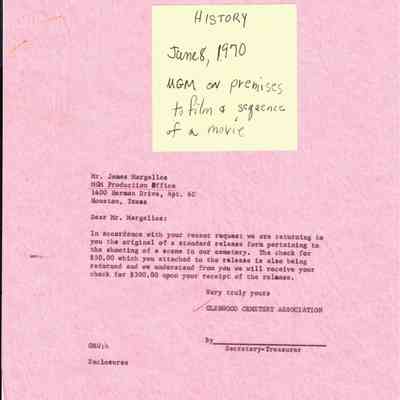 MGM Studios Correspondence and Contract to film Brewster McCloud at Glenwood Cemetery