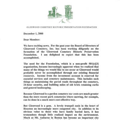Glenwood Cemetery Historic Preservation Foundation Founding Mail-out letter