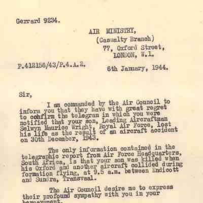 Selwyn Wright - Notice of death from Air Ministry to Mother - 1944