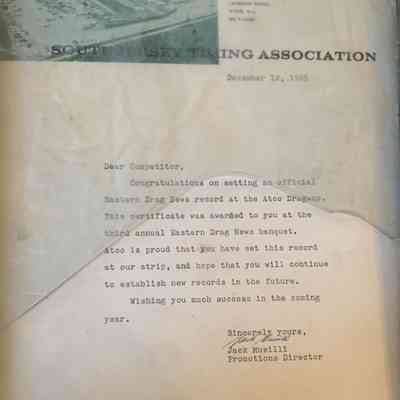Congratulatory letter for breaking the EDN record at Atco dragway Dec 12, 1965 w the Draggin Snake Motion Cobra.