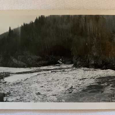 ‘Ice Jam at Four Mile Canyon, Skeena River Hazelton April 1943’