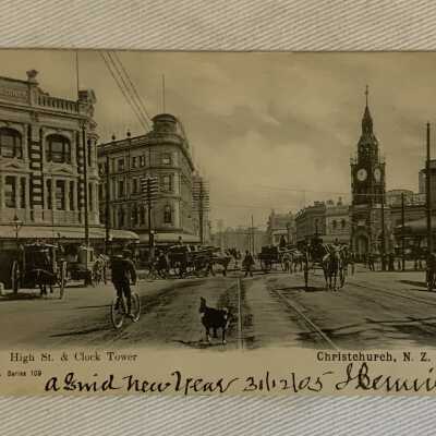 'High St. & Clock Tower, Christchurch NZ' 1906
