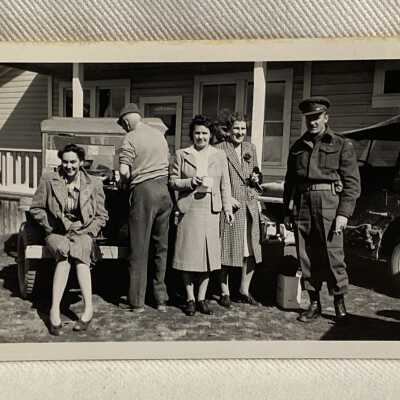 ‘Jeep convoy from Terrace… outside Hazelton hotel, Easter 1944’