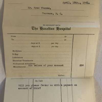 'The Hazelton Hospital Aprl 16 1941' Bill