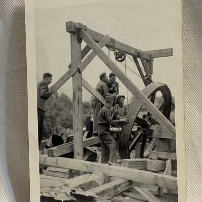 'Hoisting flywheel of new power plant... Wrinch Memorial Hospital Hazelton July 1943'