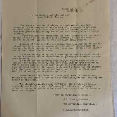 Knox United Church Letter 1931