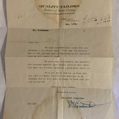 1929 'Quality Tailors' Letter