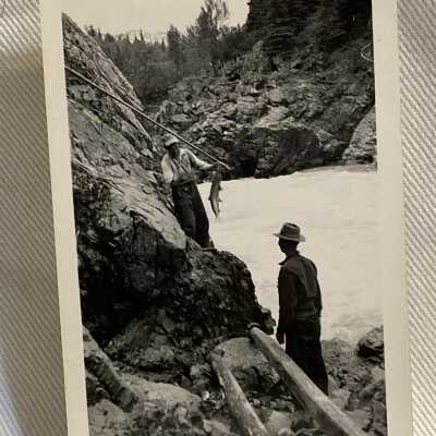 'Gaffing for salmon at Hagwilget June 1943'
