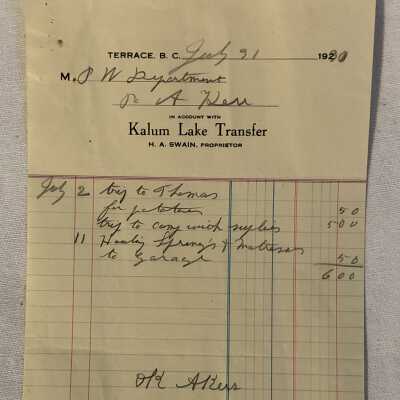 'Kalum Lake Transfer 1930' Receipt