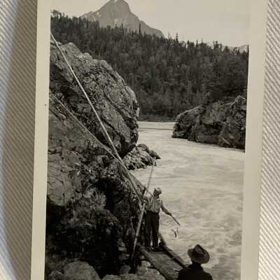 'Gaffing for salmon... Hagwilget June 1943'