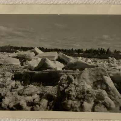 'Ice piled up on Fraser River at Quesnel Spring 1951'