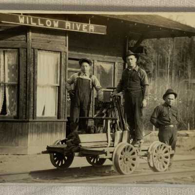 'Willow River, Harry Hunka and Two Men with Mining Cart'