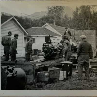‘Unloading electric power plant. Wrinch Memorial Hospital Hazelton 1944’