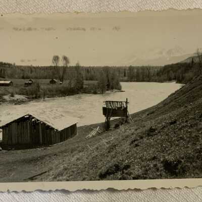 ‘Indian fish smoke house on Bulkley River… May 1949’