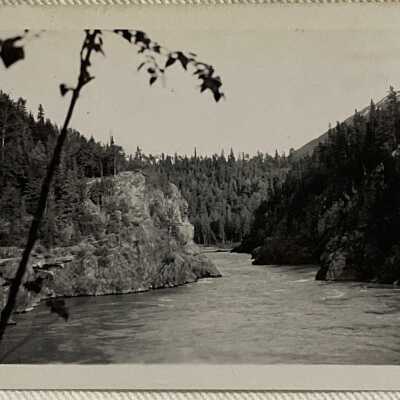 'Looking up Bulkley River from mouth of Two Mile Creek Hazelton Aug 1944'