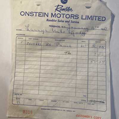 'Onstein Motors Limited 1967' Receipt