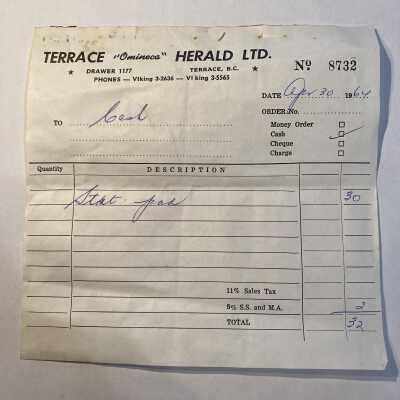 'Terrace "Omineca Herald Ltd 1964' Receipt