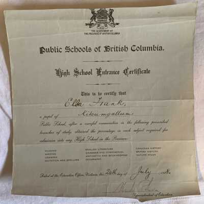 'Ella Frank High School Entrance Certificate' 1918
