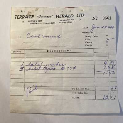 'Terrace "Omineca" Herald Ltd 1964' Receipt