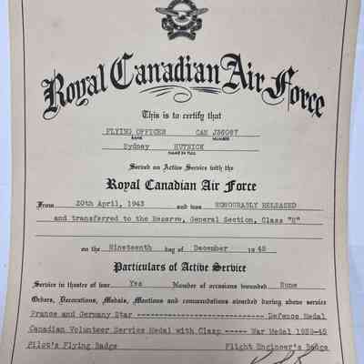 RCAF Sydney Hutnick Honourable Release Certificate