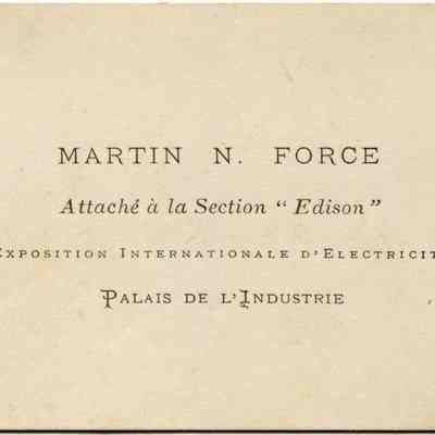 Martin Force 1881 Parris Exhibiton Edison Co. Calling Card