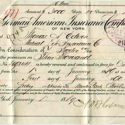 1889-1890 Menlo Park Edison Home Insurance Policy
