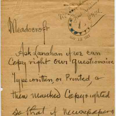 TAE to William H Meadowcroft re: Qursionaire