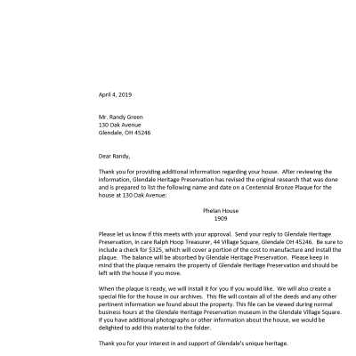 130 Oak Avenue plaque letter