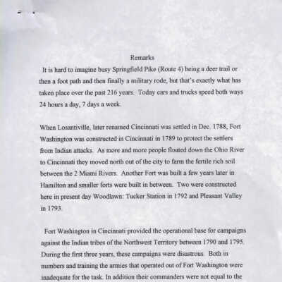 "Remarks". Speech given at the dedication of the Ohio Historical Marker in Tollgate Park.