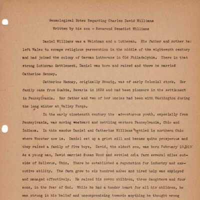 Geneological Notes Regarding Charles David Williams written by his son - Reverend Benedict Williams