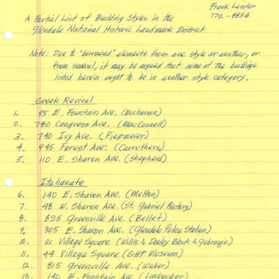 "Partial List of Building Styles in the Glendale Historic Landmark District"