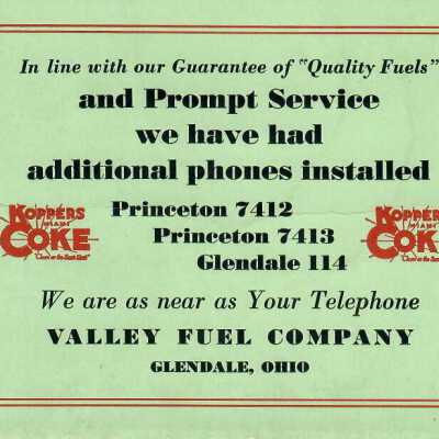 Advertisement Card- Valley Fuel Company, Glendale, Ohio